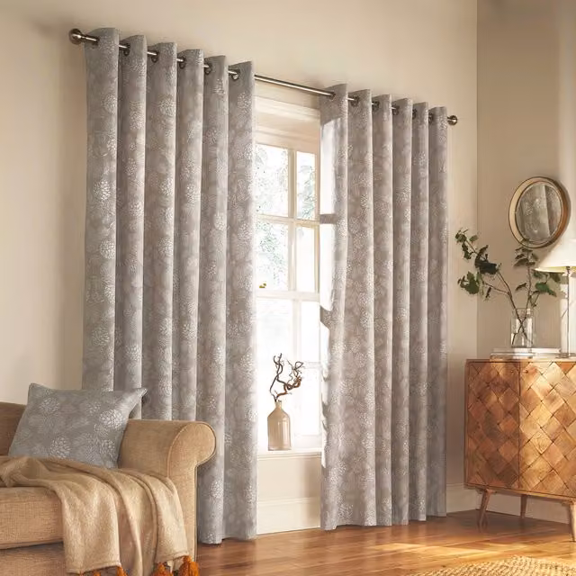 Make It A Home Woodland Floral Eyelet Curtain Pair in Beige and Grey