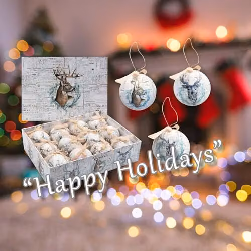 VFM e-Store Antique Stag Christmas Bauble Decoration Set, White, 12 Piece – 4