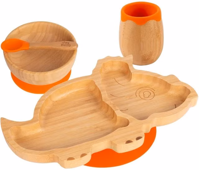 Tiny Dining Dinosaur Bamboo and Silicone 4pc Baby Feeding Set, Orange
