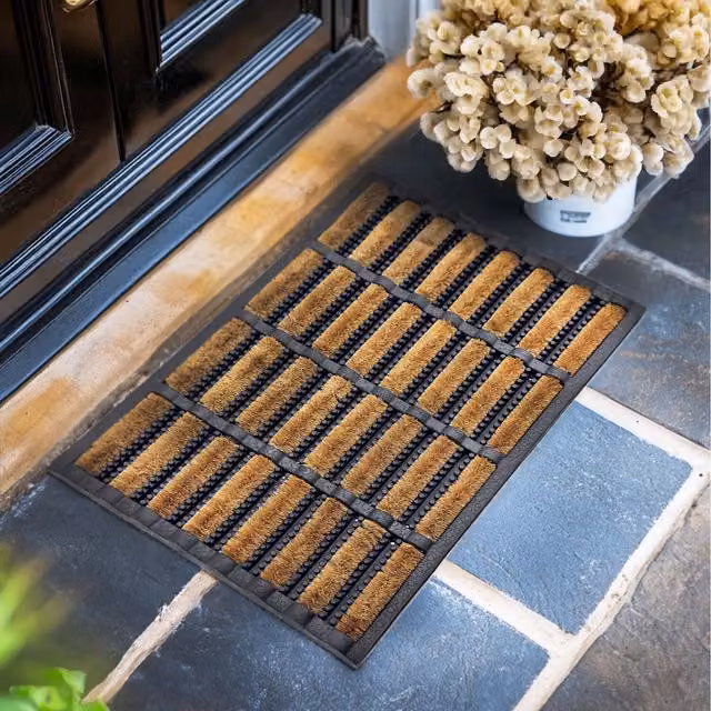 Nicoman Striped Rectangular Rubber and Coir Scraper Door Mat in Brown and Black