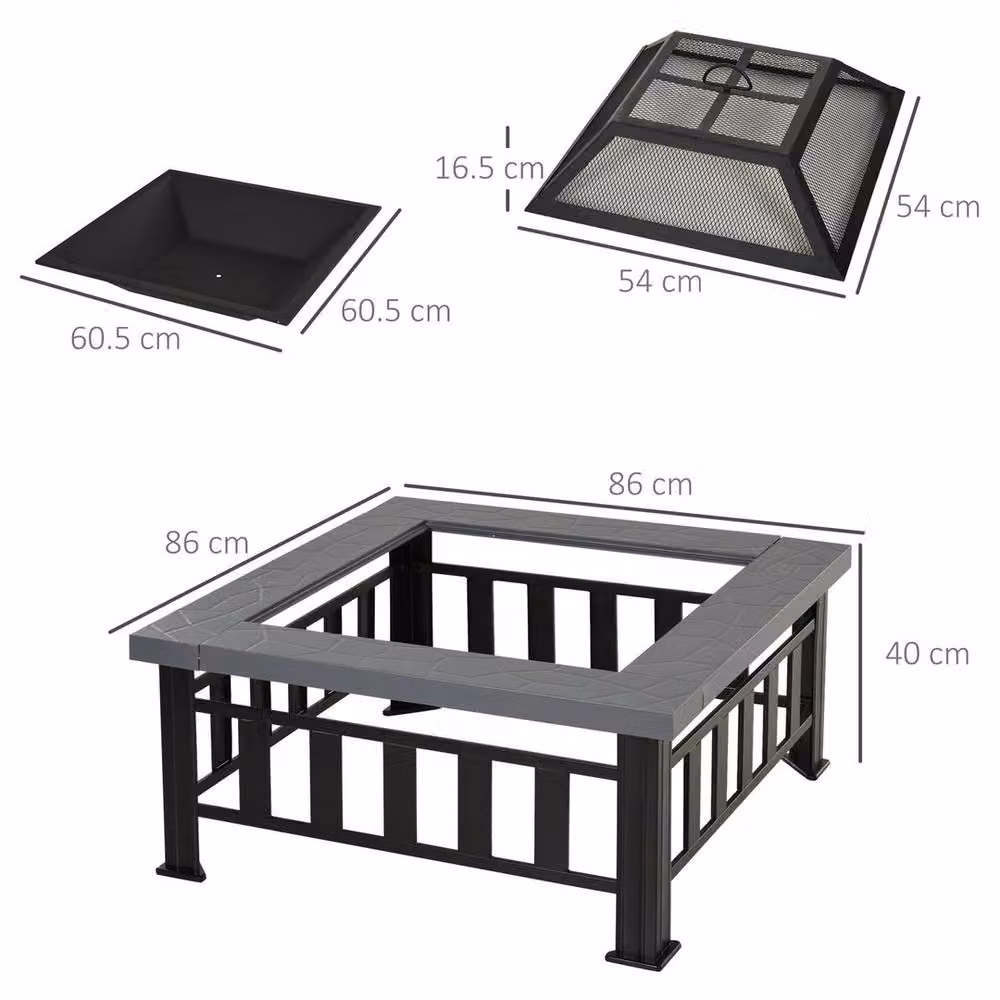 KORVIXA Fire Pit Heater Enclosure Square Table in Black W/D/H: 100 x 100 x 40 cm – 2