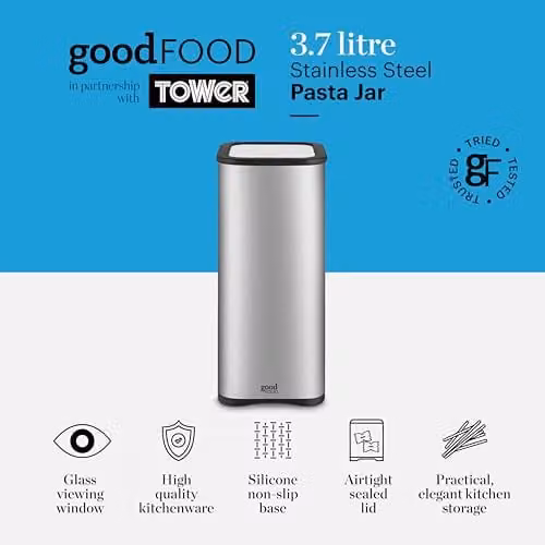 Tower GF826191 Airtight Pasta Jar with Glass Viewing Window, 3.7 l, Stainless Steel and Glass in Grey, Silver and Black