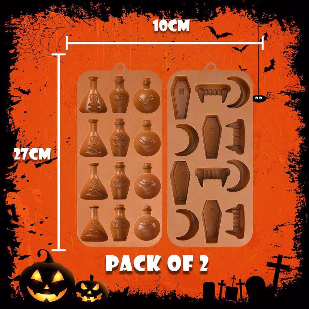VFM e-Store Halloween Chocolate Moulds with Fun Designs, Brown, W: 27 cm, D: 10 cm, Pack of 2 – 2