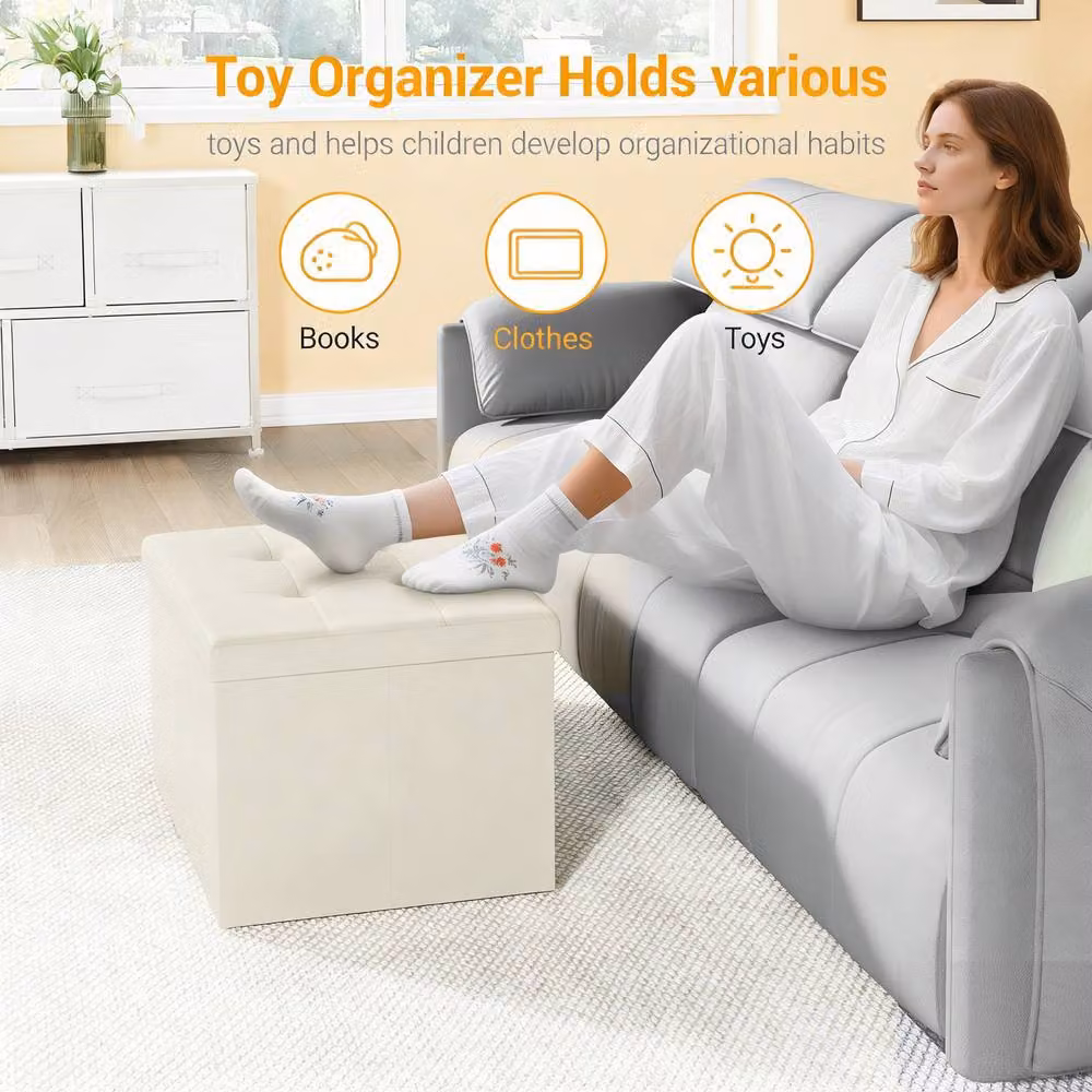 Dprodo Linen Storage Ottoman Folding Foot Rest Stool in Beige, W/D/H: 38 x 38 x 38 cm – 2