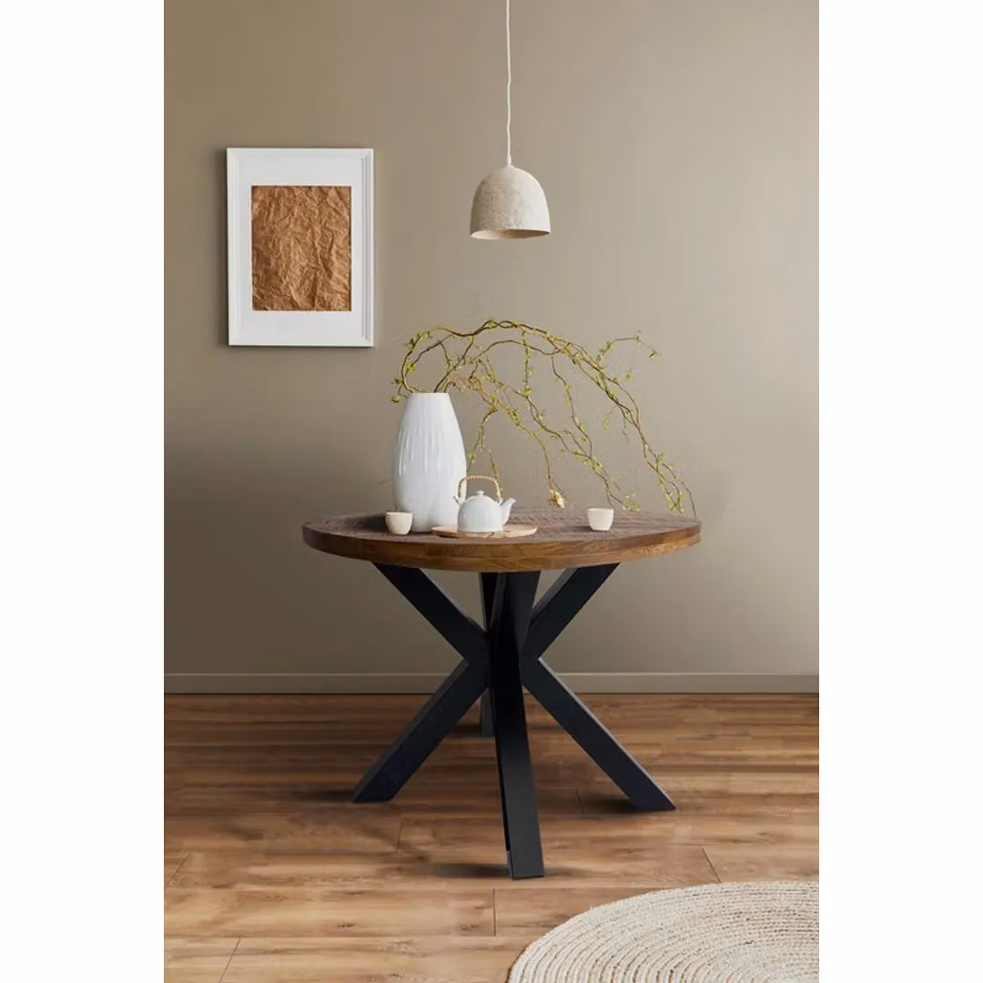Jaipur Furniture Ltd Industrial Round X Leg Dining Table in Brown Mango Wood and Black Metal, W: 100 cm, D: 100 cm, H: 76 cm – 3