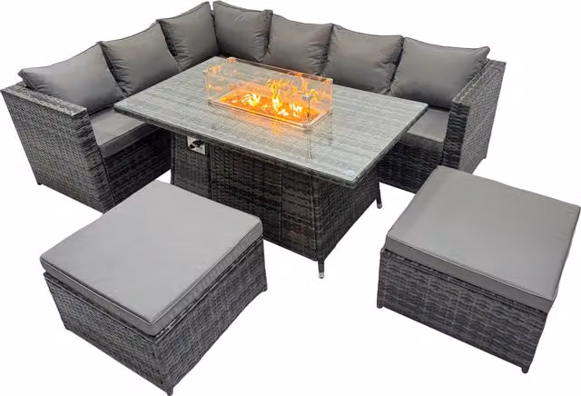 Fimous Rattan Garden Furniture Dining Set with Gas Firepit Table and Corner Sofa in Dark Grey