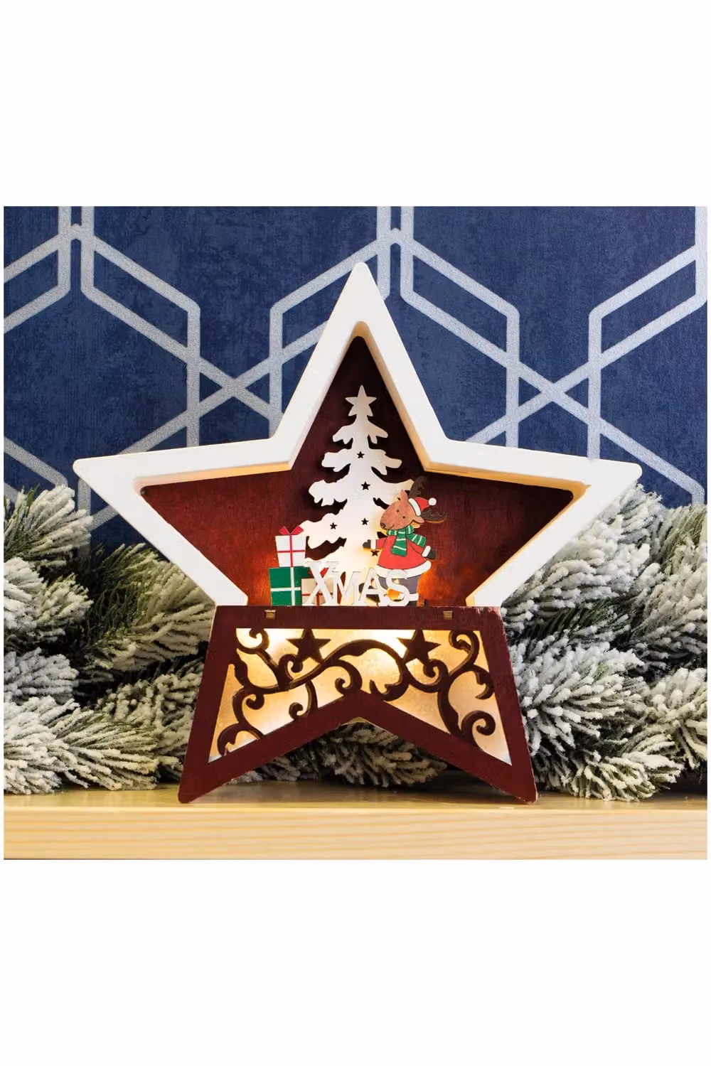 Netagon Battery Powered White Wooden Light Up Christmas Star Tabletop Decoration – 4
