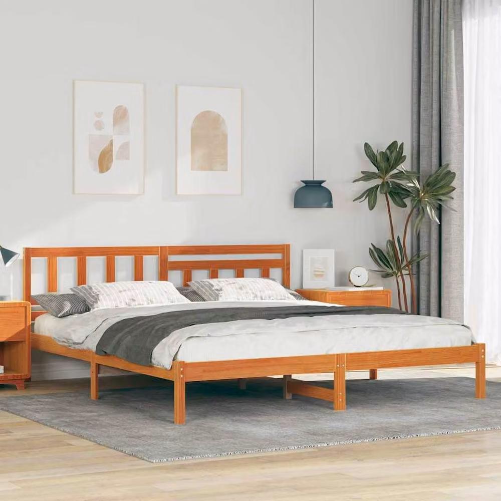 Berkfield Home Solid Pine Wood Bed with Headboard in Wax Brown, 200 x 200 cm – 2