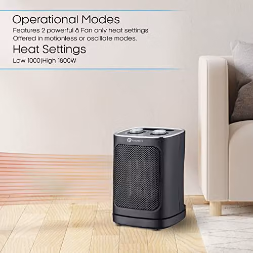 PureMate 1800W Ceramic Fan Heater in Black with Adjustable Thermostat, Tilt Protection and Overheat Protection – 2