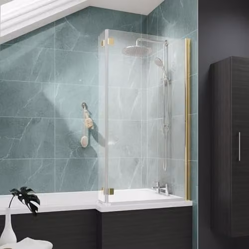 Nes Home Reversible L-Shape Bath Screen in Clear 6mm Tempered Glass with Brushed Gold Finish – 1