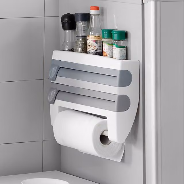 Lifeideas Grey Wall-Mounted Cling Film and Foil Storage Rack with Cutter and Roll Holder