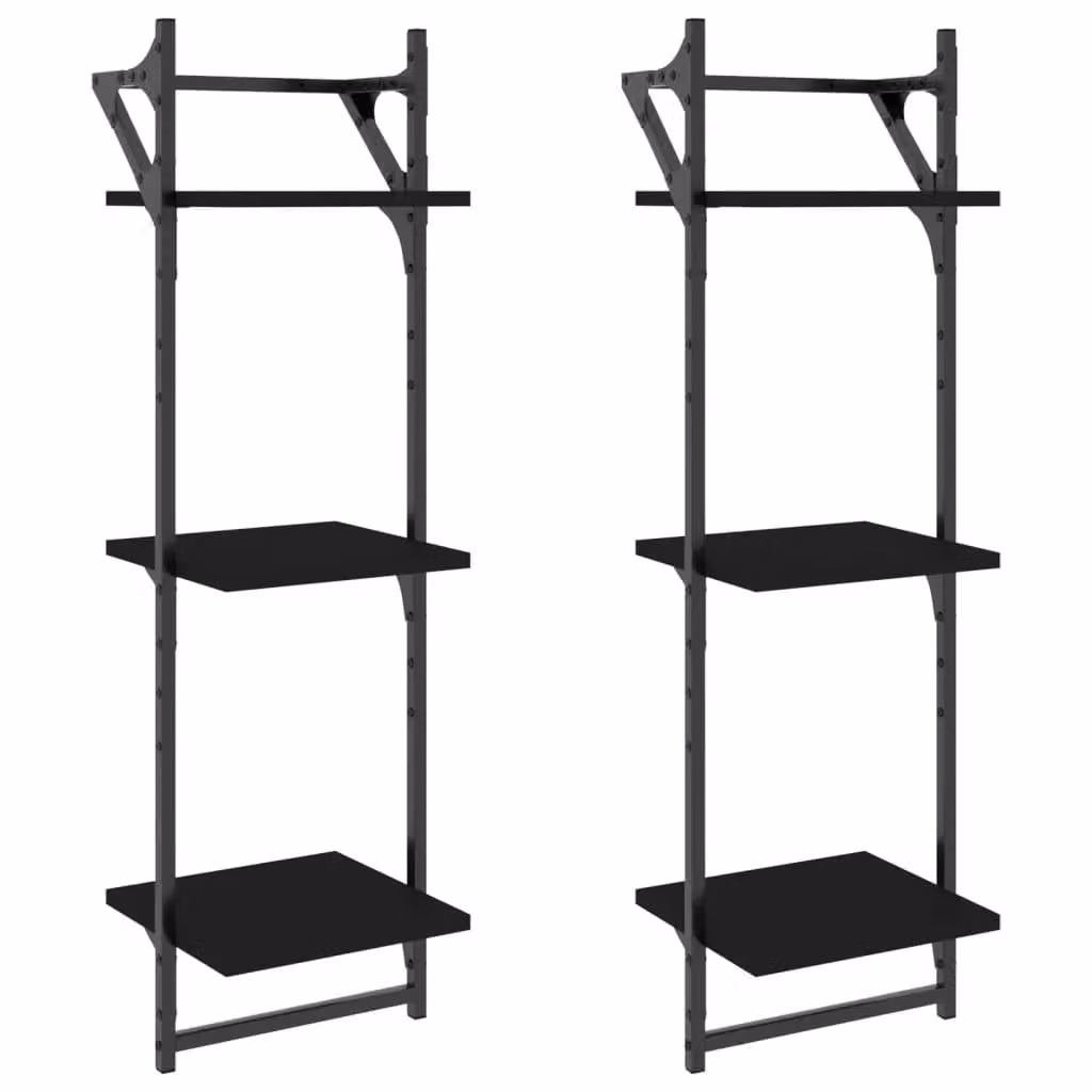 Berkfield Home 3-Tier Wall Mounted Shelves with Hanging Rods, 2 Pack, Black, W/D/H: 30 x 25 x 100 cm