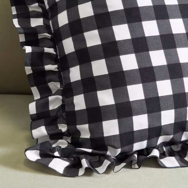 OHS Gingham Check Frill Cushion Covers in Black and White, Pack of 2