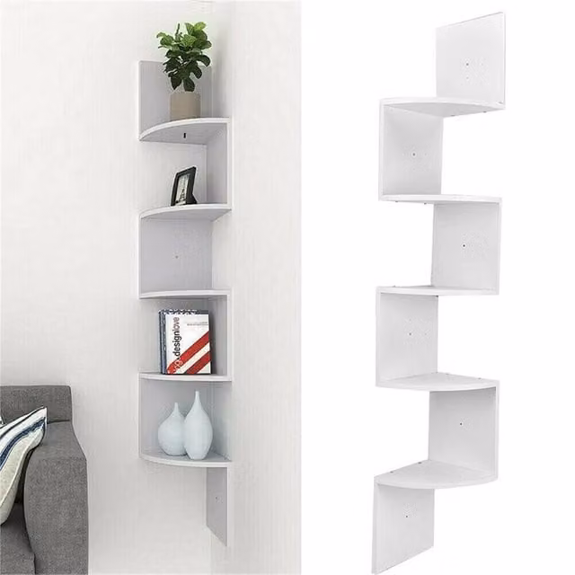 NESTLUNE 5 Tier White Wooden Floating Corner Shelves, Wall Mounted, Height: 100 cm, Depth: 15 cm – 1