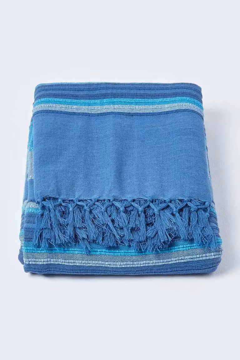 Homescapes Blue Moroccan Striped Cotton Woven Throw, W: 225 cm, D: 255 cm