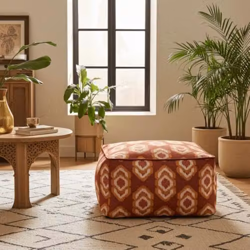 rucomfy Beanbags IKAT Large Square Cube Beanbag Ottoman Footstool in Multicolour Orange and Red Velvet Fabric, W/D/H: 53 x 53 x 35 cm – 2