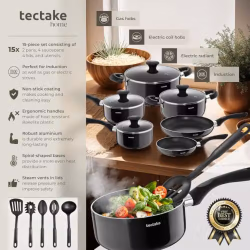 tectake 15-Piece Aluminium Cooking Pot and Pan Set with Non-Stick Coating and Glass Lids in Black – 2
