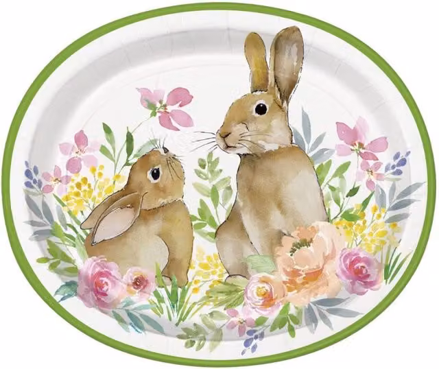 KDMD Oval Easter Watercolour Side Plates, 2 Pack, White and Multicolour Paper Plates
