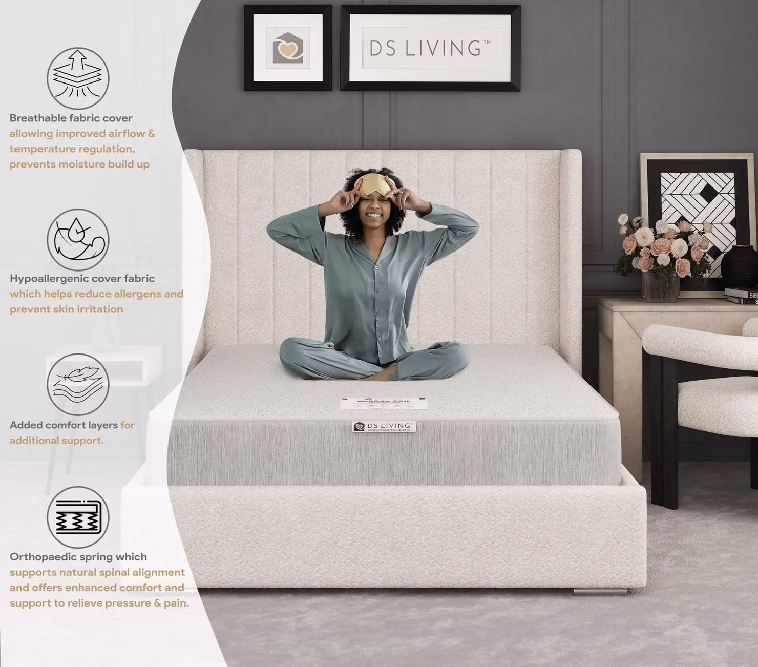 DS Living Aurora Ortho Support Bonell Spring Mattress in Grey, Super King, W: 200 cm x D: 200 cm, H: 30 cm – 5