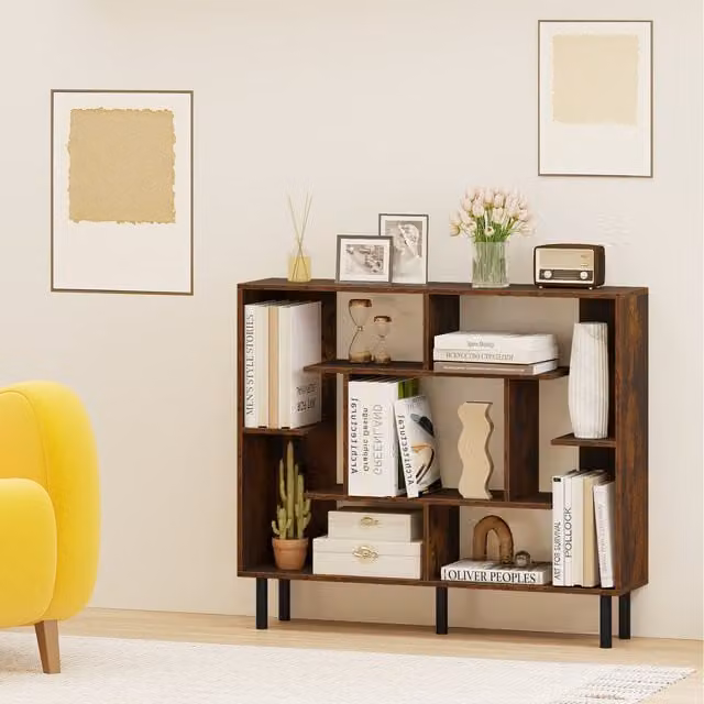 COSTWAY Modern Geometric Freestanding Display Shelf in Brown with Back Panel