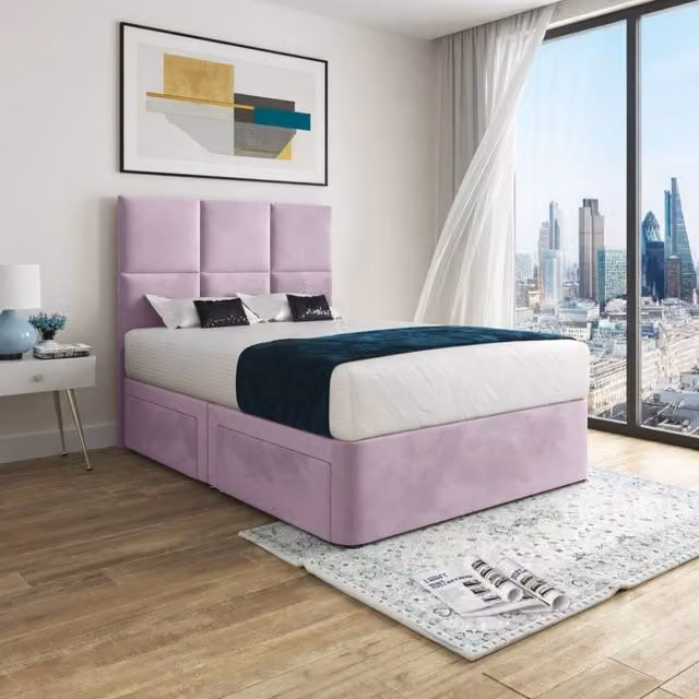 KDMD Ixworth Pink Velvet Upholstered Designer Bed Frame with Floorstanding Headboard, Small Single