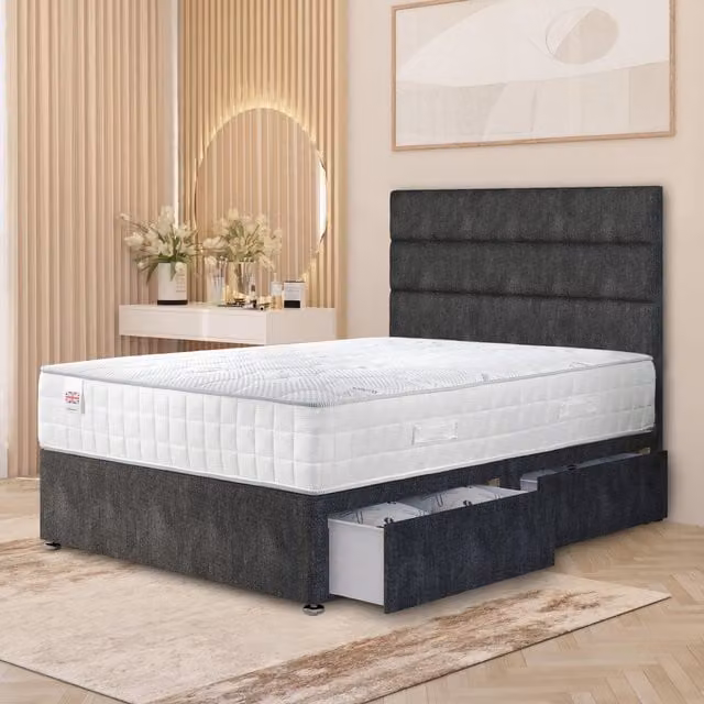 Horizona Grey Tweed Divan Bed Set with Pocket Spring Hybrid Mattress, Drawers and Floor Standing Headboard, W/D/H: 120 x 200 x 34.5 cm