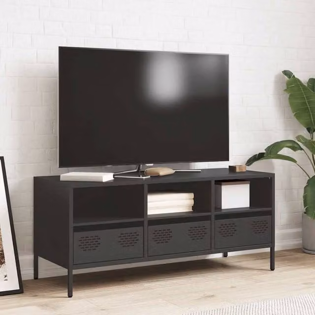 Berkfield Home Industrial TV Cabinet in Black Matt Cold-rolled Steel, W: 101.5 cm, D: 39 cm, H: 43.5 cm – 1