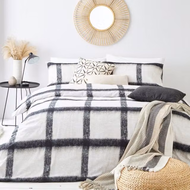 Mohair Checked Cotton Flannel Duvet Cover Set in Black, Orange and White