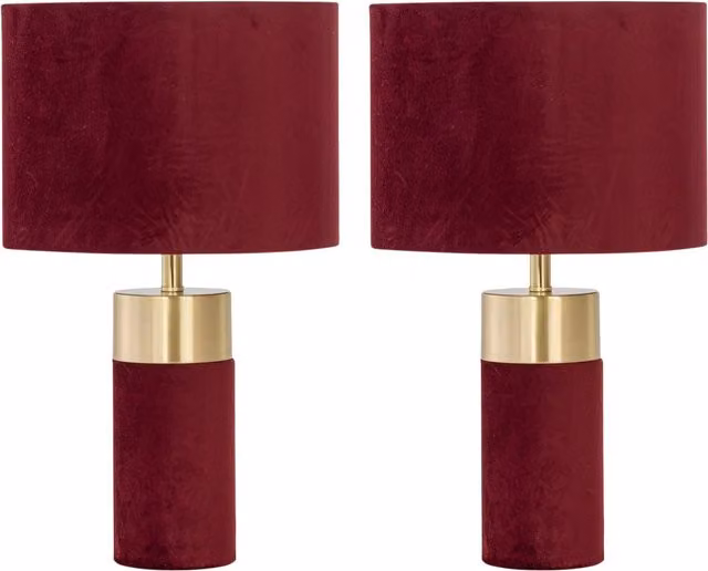 First Choice Lighting Set of 2 Burgundy Velvet Table Lamps with Brass Detail