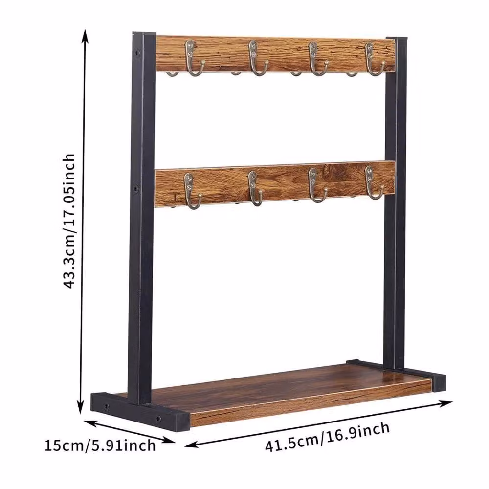 Kelvenix Freestanding Wood and Metal Coffee Mug Rack in Brown, H: 43.3 cm x W: 41.5 cm x D: 15.0 cm – 2