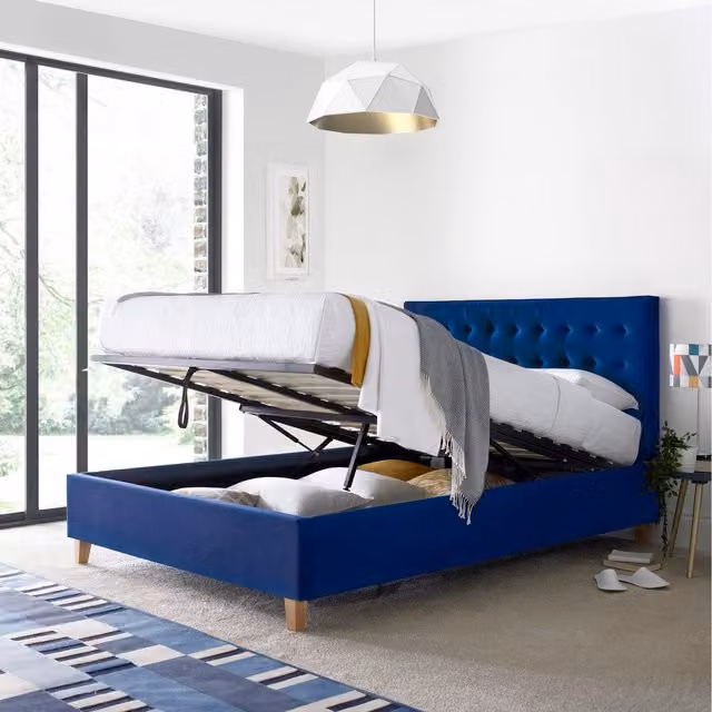 Bedmaster Kingham Blue Velvet Upholstered Ottoman Bed with Lift Up Base, W/D/H: 140 x 200 cm