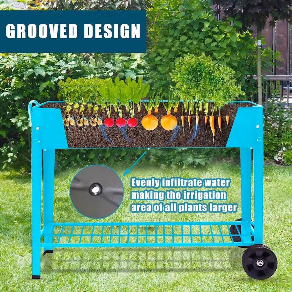 Huhote Metal Raised Garden Bed with Legs and Storage Shelf, Blue – 3