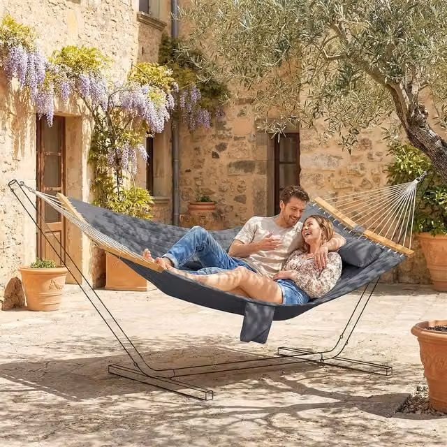 Outsunny Double Hammock with Stand and Spreader Bar, Grey Padded Swing Bed for 2 Adults