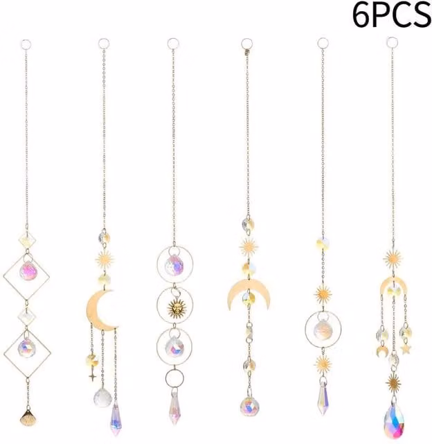 Kelvenix 6 Pack Gold and Multicolour Crystal Suncatchers with Moon, Star and Geometric Hanging Pendants