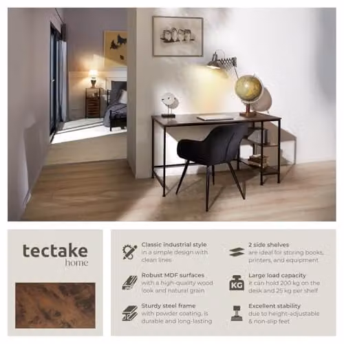 tectake Modern Computer Desk with Side Storage Shelves in Brown and Black, W/D/H: 140 x 60 x 76.5 cm – 3