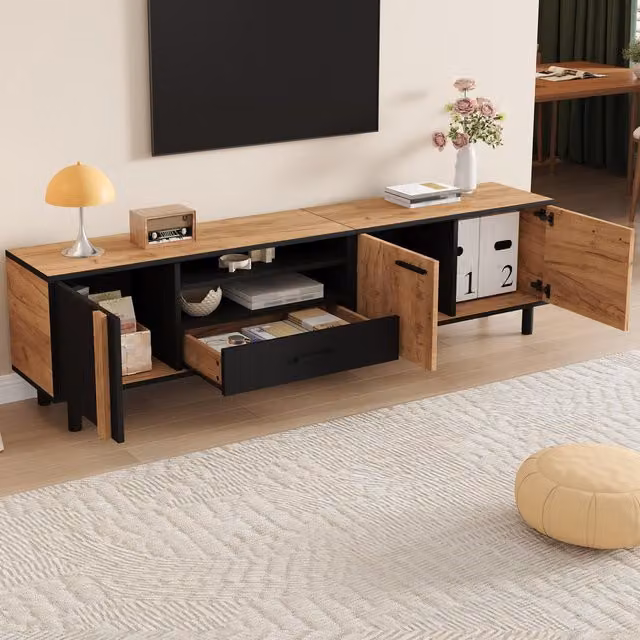 Aosom UK Modern Industrial TV Stand in Black and Brown with Concealed Storage, W: 180 cm, D: 32.5 cm, H: 50 cm