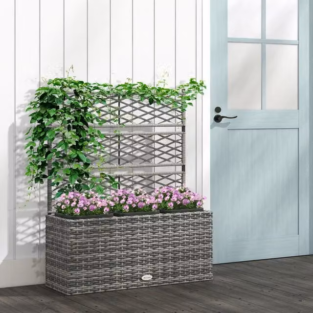 Outsunny Garden PE Rattan Planter Box with Trellis in Grey