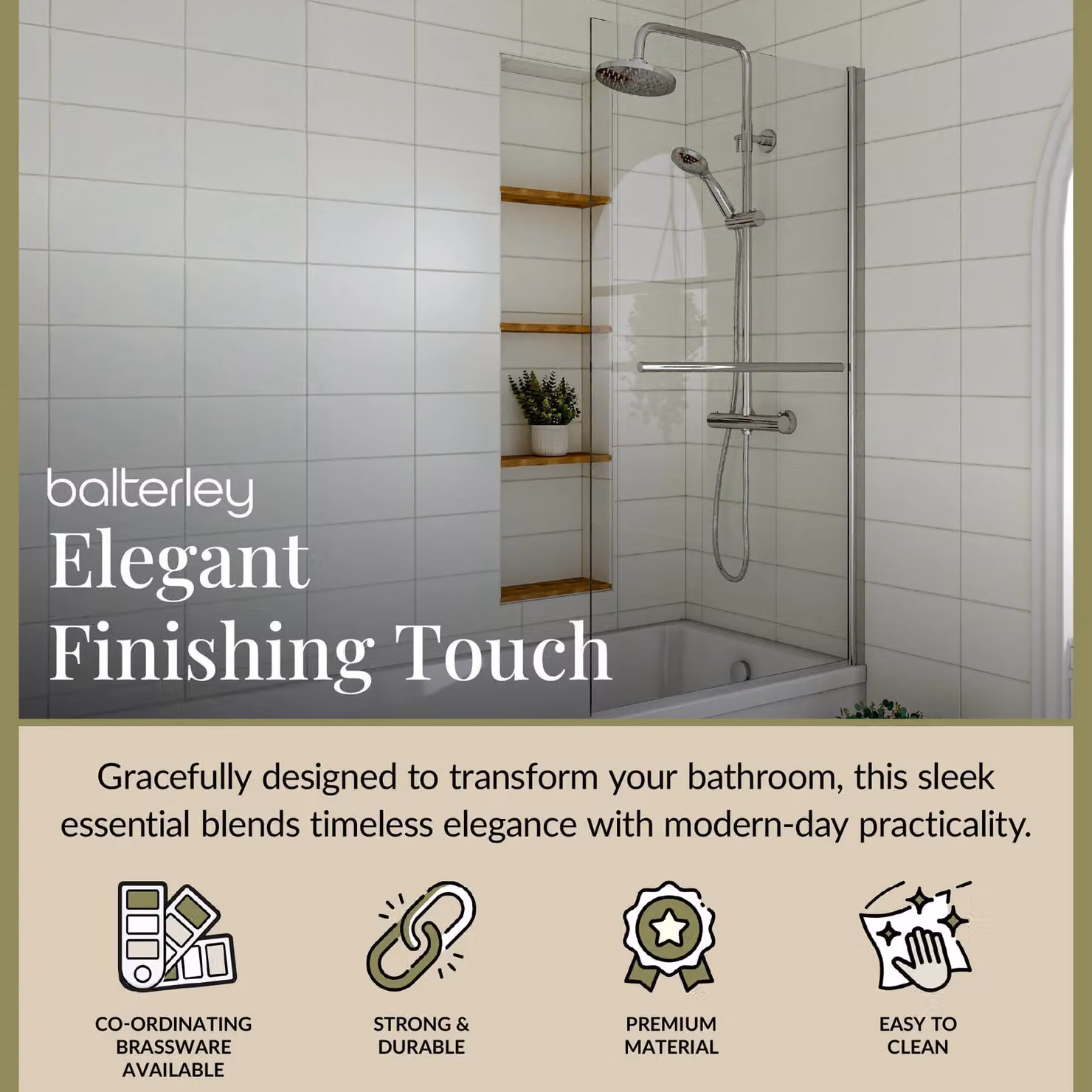 Balterley 6mm Reversible Hinged Straight Shower Bath Screen and Rail, Chrome and Silver – 2