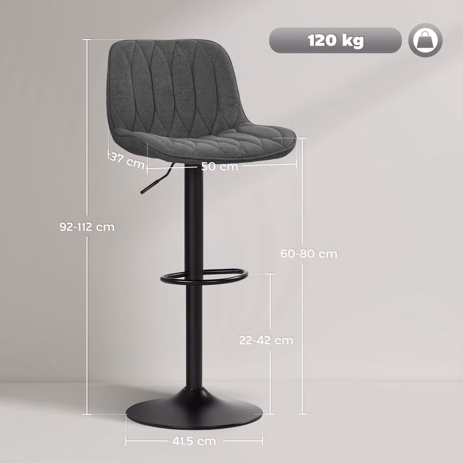 HOMCOM Set of 2 Height Adjustable Swivel Bar Stools with Backrest in Grey Velvet – 3