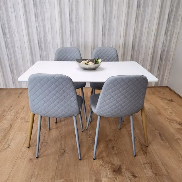 KOSY KOALA Modern Rectangular White Dining Table and 4 Grey Chairs Set in Brown