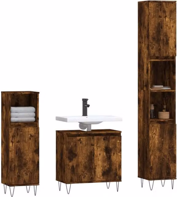 Berkfield Home Modern 3 Piece Bathroom Cabinet Set in Smoked Oak Brown, featuring Vanity Unit and Tall Cabinet