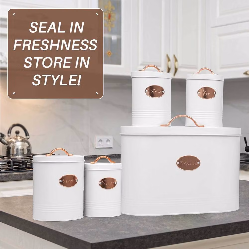 SPETLEK 5-Piece Airtight and Leakproof Metal Kitchen Bread Bin Storage Tin Set in White – 4