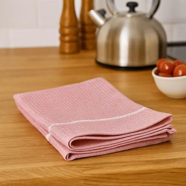 Doro Set of 3 Highly Absorbent Pink and White Waffle Pique Cotton Tea Towels