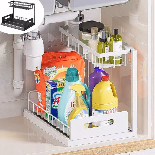 PAWNORA 2 Tier Pull Out Metal Basket Drawer Storage Rack in White – 1