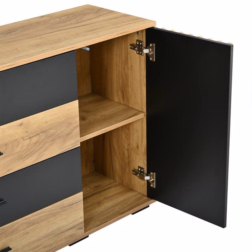 Merax Modern Oak and Black Slatted Sideboard with 2 Doors, 4 Drawers and Adjustable Shelves – 8