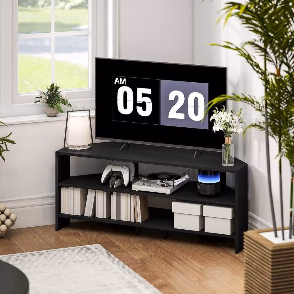 STILVORA Modern Black Wood Corner TV Stand with Media Compartments – 1