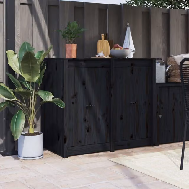 Berkfield Home Outdoor Kitchen Doors, 2 Piece Set in Black Solid Wood, W/D/H: 50 x 9 x 82 cm – 1