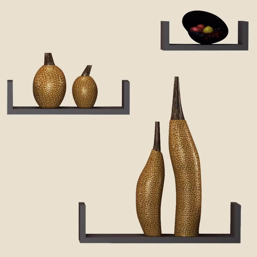 Kelvenix Set of 3 U-Shaped Floating Wooden Wall Mounted Display Shelves in Grey – 2