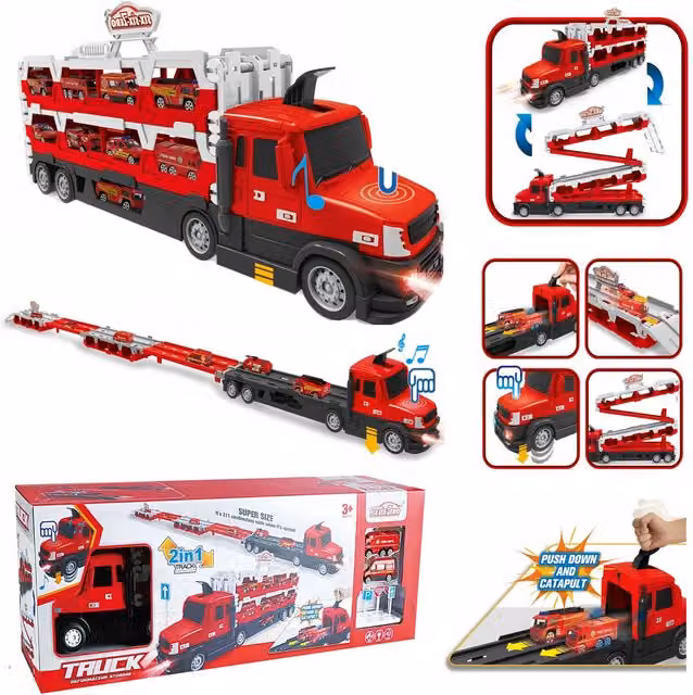 Rexco 2in1 Electronic Truck Toy Car Carrier and Race Track Playset in Red and Black