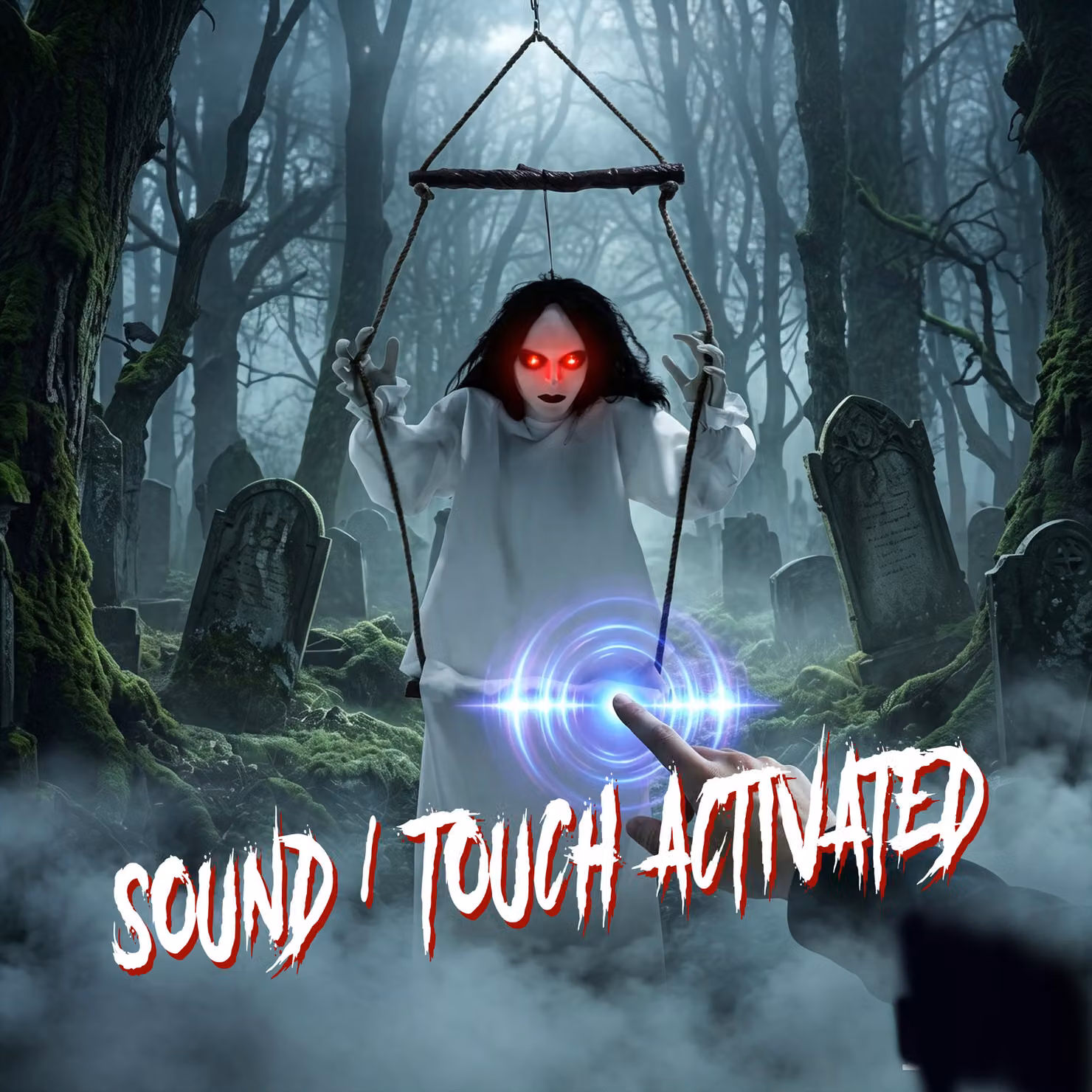 HOMCOM 170cm Animated Hanging Swing Ghost Halloween Decoration with Sound Touch Activation in Black, White and Red – 4